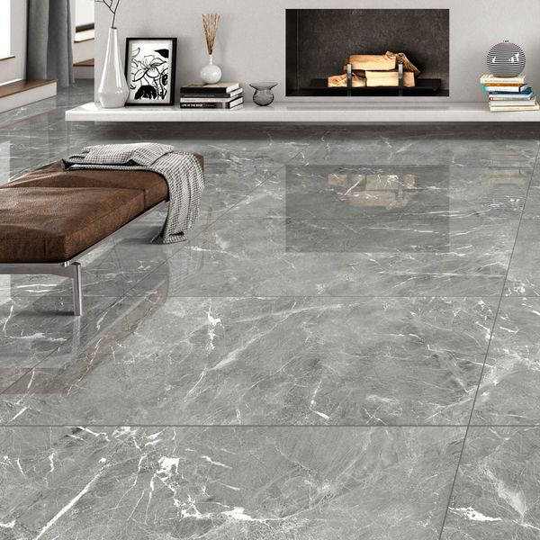 Makrana Breccia Grey Polished Marble Effect Tile 600x1200