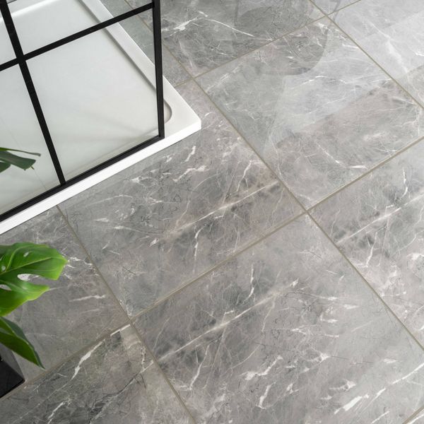 Makrana Breccia Grey Polished Marble Effect Tile 600x600